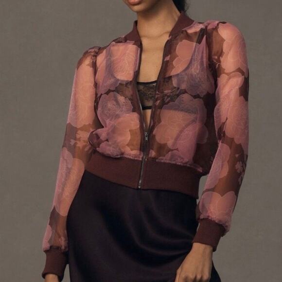 Anthropologie Dolan Sheer Organza Floral Full Zip Bomber Jacket Size Medium - Picture 2 of 15